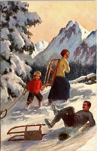 SLEDDING SCENE : FAMILY FUN : DAD TAKES A SPILL : VINTAGE ART POSTCARD - Picture 1 of 2