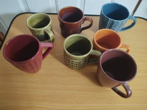 7 Retro Decorative Multicolor Glazed Mugs Cups Vintage 1970's - Picture 1 of 3