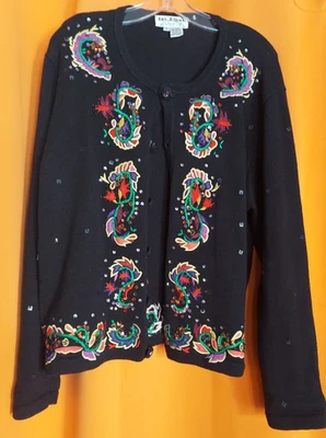 Cardigã suéter preto rápido vintage Jack B bordado com miçangas multicolorido tamanho G - Imagem 1 de 4