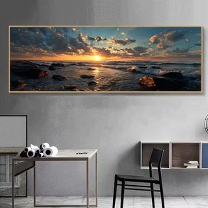 Panoramic View of Seascape Painting with Sunset Canvas Print Wall Art Home Decor - Picture 1 of 6
