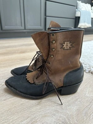 Botas Abilene de Colección para Mujer Talla 6.5 Cuero Marrón y Negro Western Kiltie Granny Foto 1 de 4