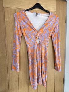 H&M Long Sleeve Orange And Blue Keyhole Detail Mini Body con Dress Size XXS - Picture 1 of 4