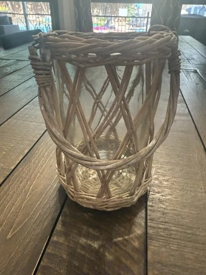 French Country Lantern 7"H X 14” Around Wicker and Glass - Image 1 of 2
