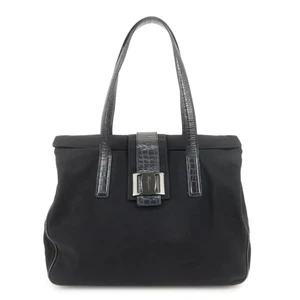 Ferragamo Vara Nylon Embossed Leather Shoulder Bag Hand Bag Black Auth Used F/S - Picture 1 of 20