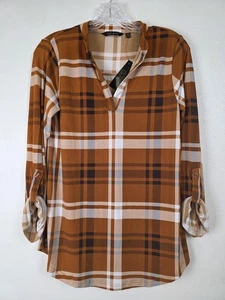 Iman Hemd Damen XS braun weiß kariert Global Chic Rollriegelärmel Stretch Oberteil - Bild 1 von 13
