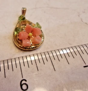 Coral and Peridot Beaded Floral Design Gold Tone Pendant - Picture 1 of 4