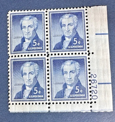1954 James Monroe Plate Block of 4 5c US Postage Stamps, SCOTT # 1038, MNH, OG - Image 1 of 4