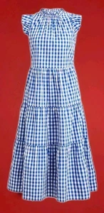 J. CREW- Gingham Tiered Dress-White Blue-Ruffle Sleeve-Summer Cottage Classic-M - Picture 1 of 17