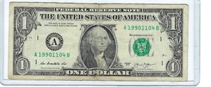 Fancy $1 One Dollar Bill Serial # Birthday Note A19901104B 11-04-1990 04-11-1990 - Picture 1 of 2