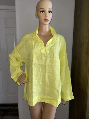 C&C California Womens Large Tunic Linen 3/4 Sleeve Shirt Yellow Neon V-neck - Image 1 of 4