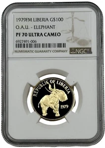 1979 FM Liberia $100 Gold 0.3241 oz O.A.U Elephant Proof Coin NGC PF 70 UC - Picture 1 of 2