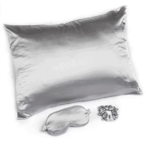 Gorgeous Satin Sleep Set With Pillowcase Sleep Mask Scrunchie Gray Pack of 3 - Picture 1 of 5