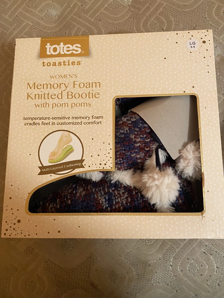 Womens Totes Toasties Memory Foam Knitted Bootie Multicolor w/PomPoms - LG & XL  - Image 1 of 2