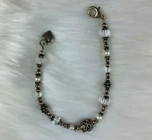 Sterling Silver Beaded & Pearl Bracelet Heart Charm - Picture 1 of 7