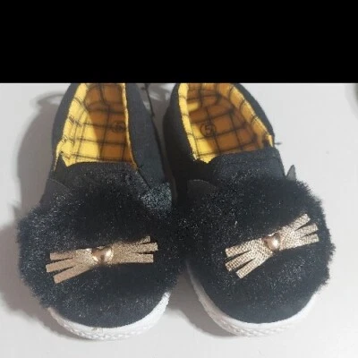 Baby Girls KITTY CAT SHOES Black Canvas Loafers FAUX FUR FACE Casual SIZE 5 - Image 1 of 4