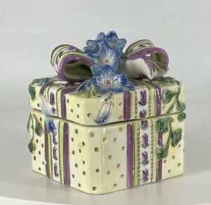 Vintage Fitz & Floyd Porcelain Floral Box Present Gift with Violet Floral Bow