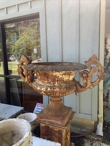 Large VICTORIAN cast iron urns 34.5” tall 32” diameter 50”  pair Cover