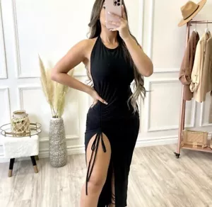Women’s Fashion Boutique Black Halter Ruched Front Adjustable Slit Maxi Dress - Picture 1 of 3
