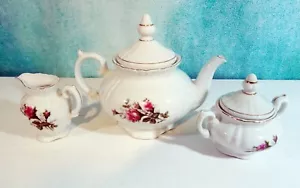 Vintage Moss Pink Rose 3 Piece Set Tea Pot Sugar Creamer Marked Japan 1940-50s - Picture 1 of 12