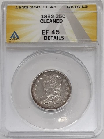 1832 Capped Bust Silver Quarter Dollar  ANACS EF-45 Details-Cleaned Cover