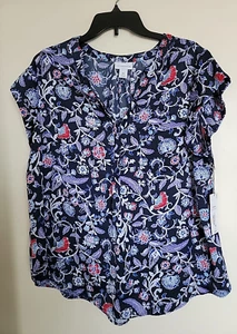 Blusa-blu navy multi floreale-liz claiborne-cappello maniche bottoni 0X nuova con etichette - Foto 1 di 3