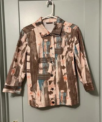 Vtg Chico’s Art-to-Wear Jacket Linen Blend Peach Turquoise Button Up Sz 2 Large - Image 1 of 4