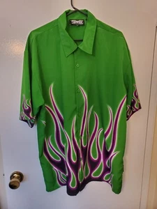 Men’s Vintage Y2K Dragonfly Green Polyester Shirt w/Purple Flames Size XL - Picture 1 of 13