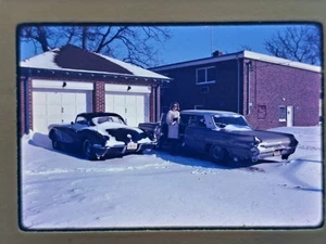 Vintage 1961 35mm Ektachrome Slide Snowy Scene with Classic Cars - Picture 1 of 3