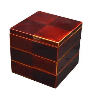 Echizen Lacquer 3-Tier Wooden Jubako Box Ichimatsu Byakudan Red 7in Bento Japan - Picture 1 of 11
