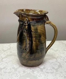 Studio Art Pottery Large Pinched Sgraffito Glazed Pitcher Signed Baker 8.5” - Picture 1 of 9