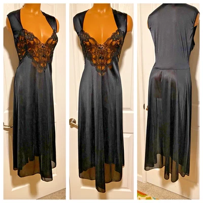 VTG 80'S ADONNA BLACK W/ LACE YOKE LONG NYLON NIGHTGOWN OLGA STYLE SZ XL - Image 1 of 4