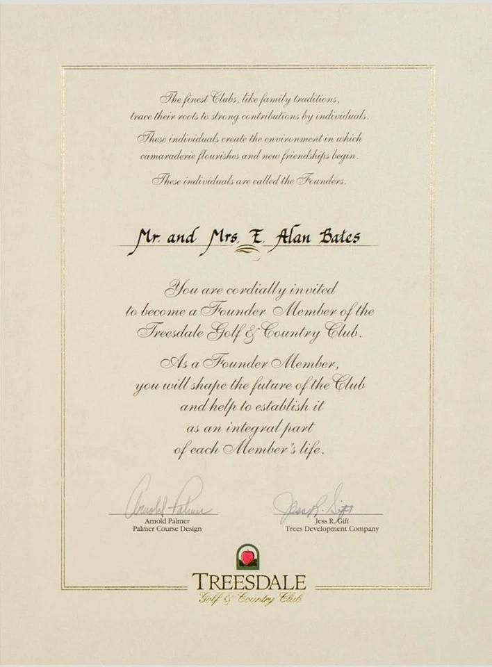 Arnold Palmer Autographed 1990's Golf Country Club Invitation Treesdale - Image 1 of 4