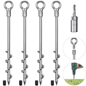 4 Pack Tent Stakes, 12 Inch Heavy Duty Ground Anchors, Fully Welded Spiral Ea... - Picture 1 of 8