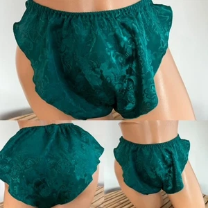 VINTAGE VICTORIAS SECRET FLORAL EMBOSSED GREEN SATIN PANTIES sz S - Picture 1 of 1