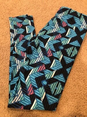 LuLaRoe OS Leggings Rayas Bloques Geométricos Líneas Unicornio Talla Única Azul #186 Foto 1 de 2