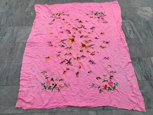 Antique Chinese Hand Embroidered Silk Tablecloth Birds flying Wall Hanging Cloth - Picture 1 of 12