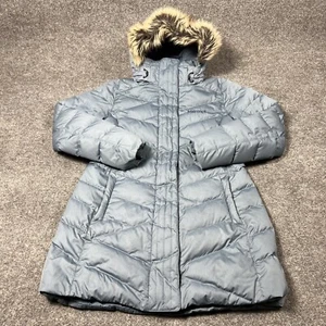 Marmot Coat Womens Large Blue 700 Fill Down Hooded Jacket Parka Faux Fur Trim - Picture 1 of 21
