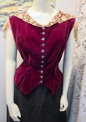 Antiguo chaleco de terciopelo borgoña de la década de 1880 corpiño figurativo botones de metal borde de encaje talla grande Foto 1 de 4