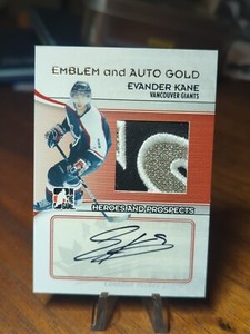 Evander Kane 2009-10 ITG Heroes and Prospects Game-Used Emblem & Gold Auto 1/1