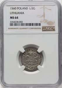 Lithuania - 1560 Sigismund August 1/2 Groschen - NGC MS64 - Vilnius Mint Issue - Picture 1 of 2