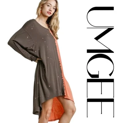 SIZE XL UMGEE ASH/BROWN Slouchy Oversized Tie Dye Dolman Hi lo TUNIC/Dress BHCS - Image 1 of 4