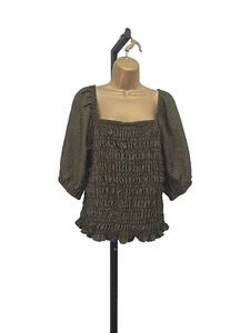 Old Navy Milkmaid Crop Top Womens Large Babydoll Green Puff Sleeve Ruffle Ruched - Picture 1 of 9