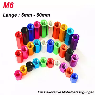 M6 Distanzmuttern Gewindehülsen Buntes Alu Verbindungsmuttern Langmutter 5-60mm - Bild 1 von 4