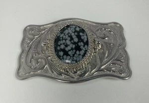 Vintage 1970's WESTERN BELT BUCKLE WITH BLACK/WHITE STONE SILVER PLATED - Picture 1 of 4