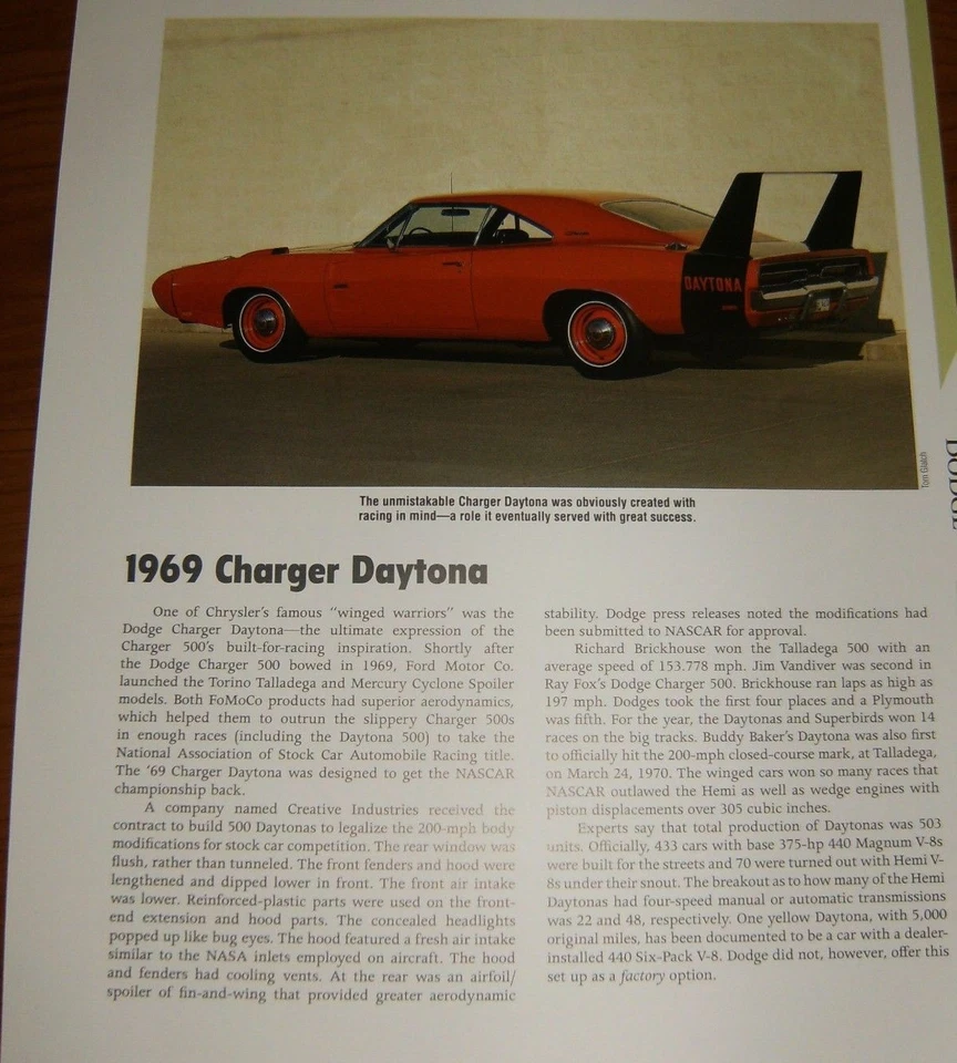 1969 DODGE CHARGER DAYTONA SPECS INFO PHOTO 69 440 HEMI★★ - Image 1 of 1