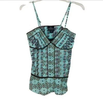 Angie Sleeveless Camisole Blouse Sz Large Jrs Boho Plunging Neckline Teal Floral - Image 1 of 4