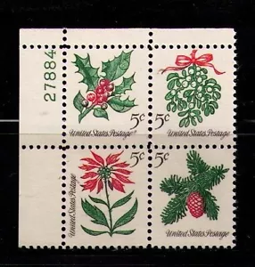 US USA Sc# 1257b MNH FVF PLATE # BLOCK Christmas Mistletoe Holly Pine Cone Untag - Picture 1 of 1