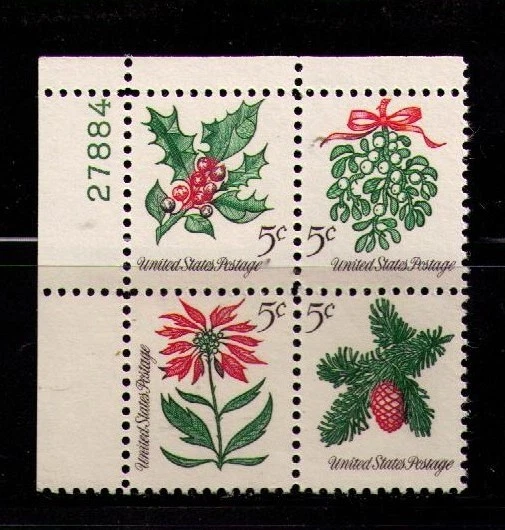 US USA Sc# 1257b MNH FVF PLATE # BLOCK Christmas Mistletoe Holly Pine Cone Untag - Image 1 of 1