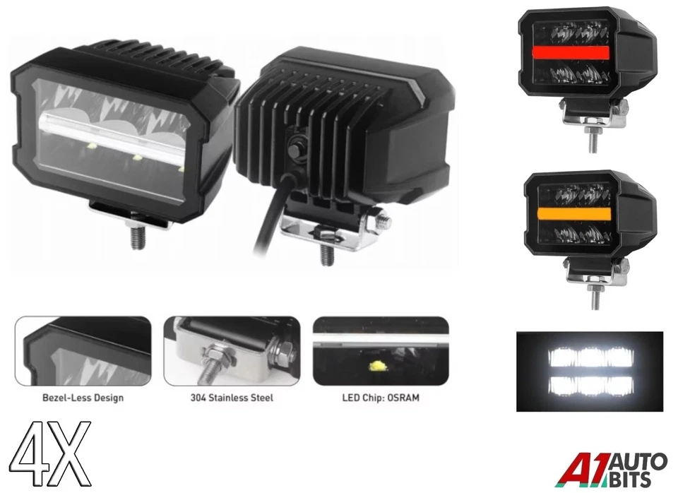 4X 4" Rectangular LED Work Light Work Lamp With Red Amber Rear Marker Tail Light - Image 1 of 4