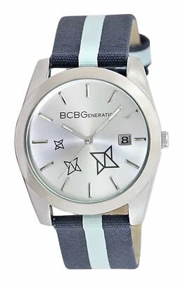 NEW BCBG SILVER TONE,NAVY+POWDER BLUE STRIPED CANVAS BAND,STAR DIAL WATCH GL4196 - Image 1 of 2